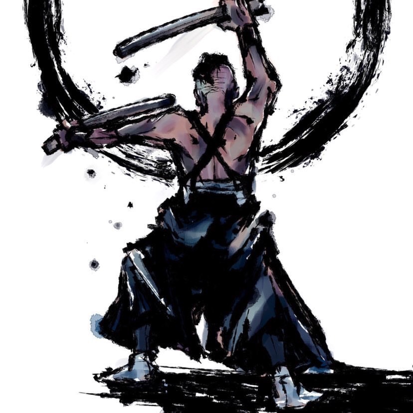 An ink-wash style illustration of a swordsman mid-strike with dual blades, seen from behind, framed by sweeping calligraphic brush circles