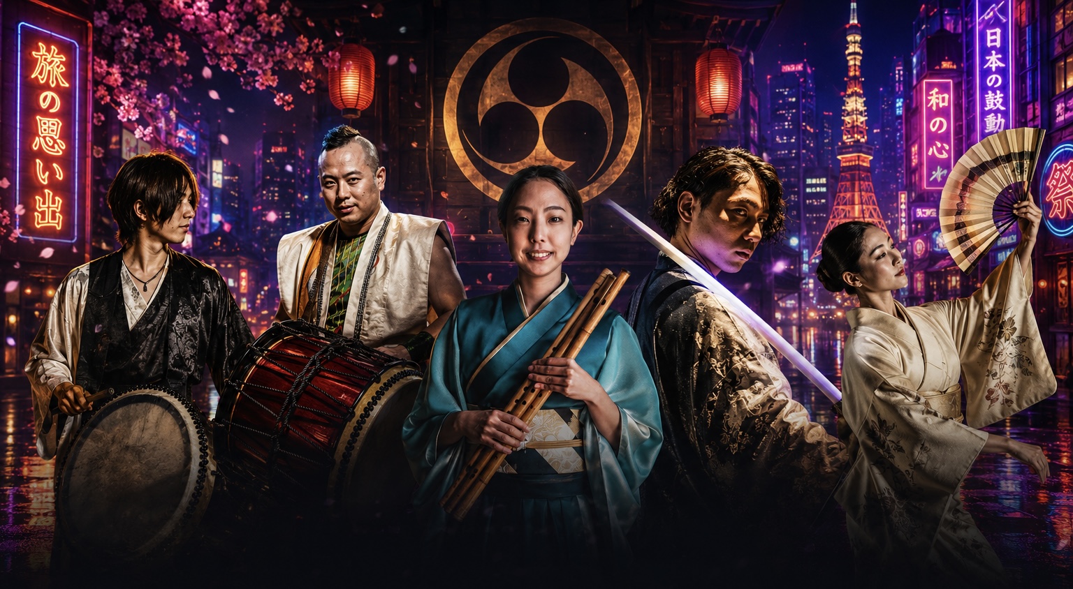 The five Tabi No Omoide performers with taiko drums, shinobue, katana and fan, set against a neon Tokyo streetscape