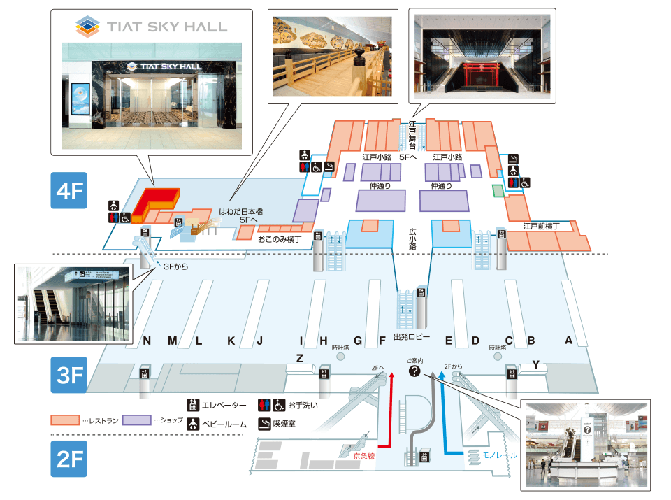 Floor map of Haneda Terminal 3 showing TIAT SKY HALL and surrounding shops and restaurants on 4F, with the departure lobby, gates and station access on 3F and 2F
